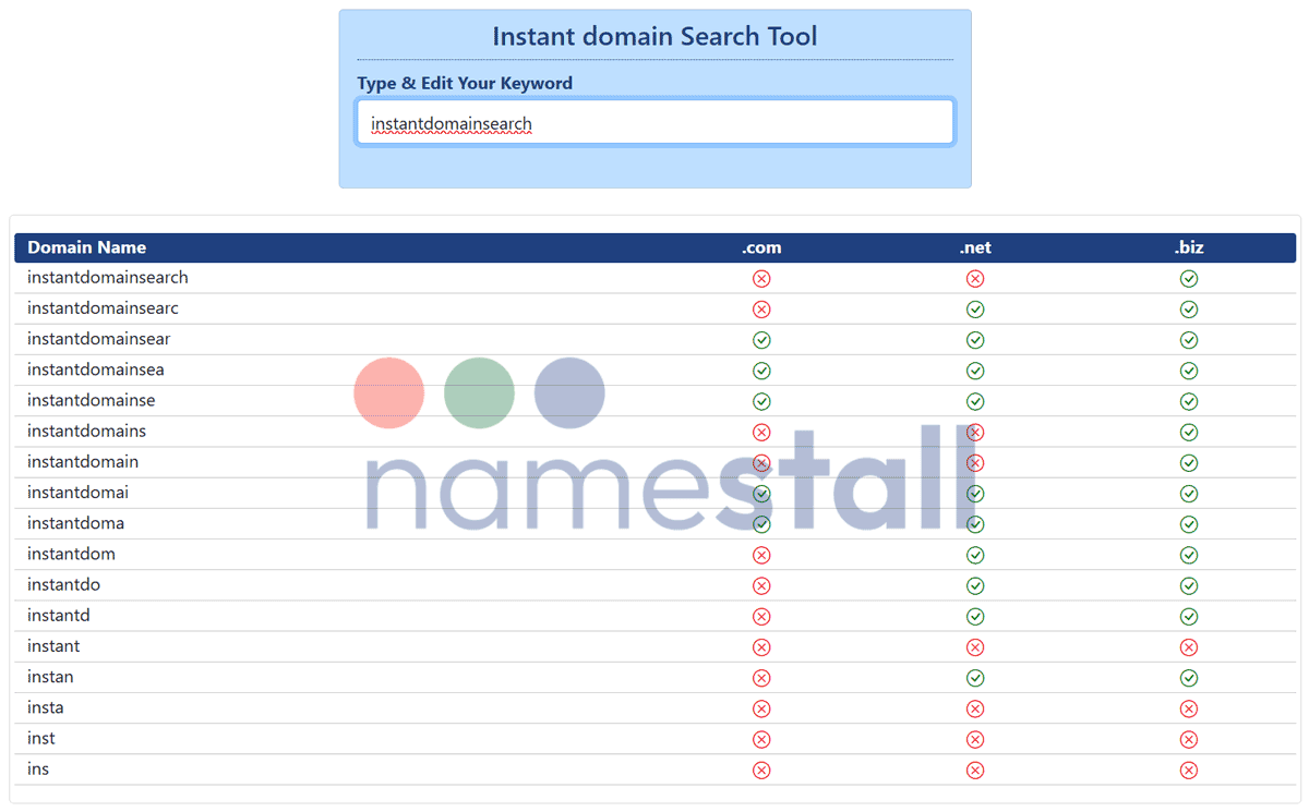A screenshot of Namestall's domain search tool displaying real-time availability of domain names for free and with fast results.
